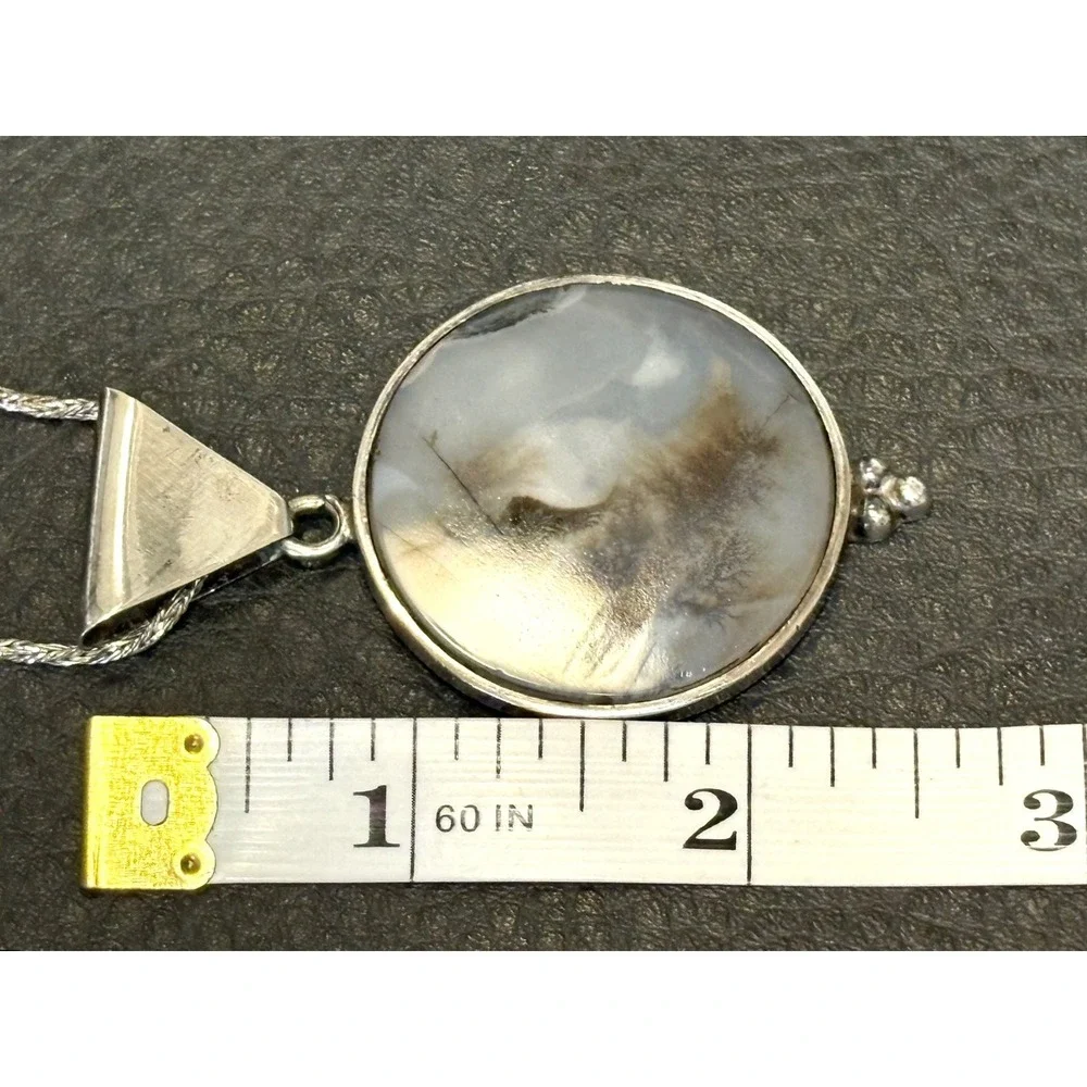 VTG Large Artisan Sterling Silver Moss Picture Agate Modernist Pendant 925 Chain
